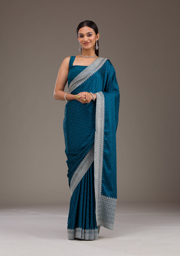 Peacock Blue Stonework Satin Saree
