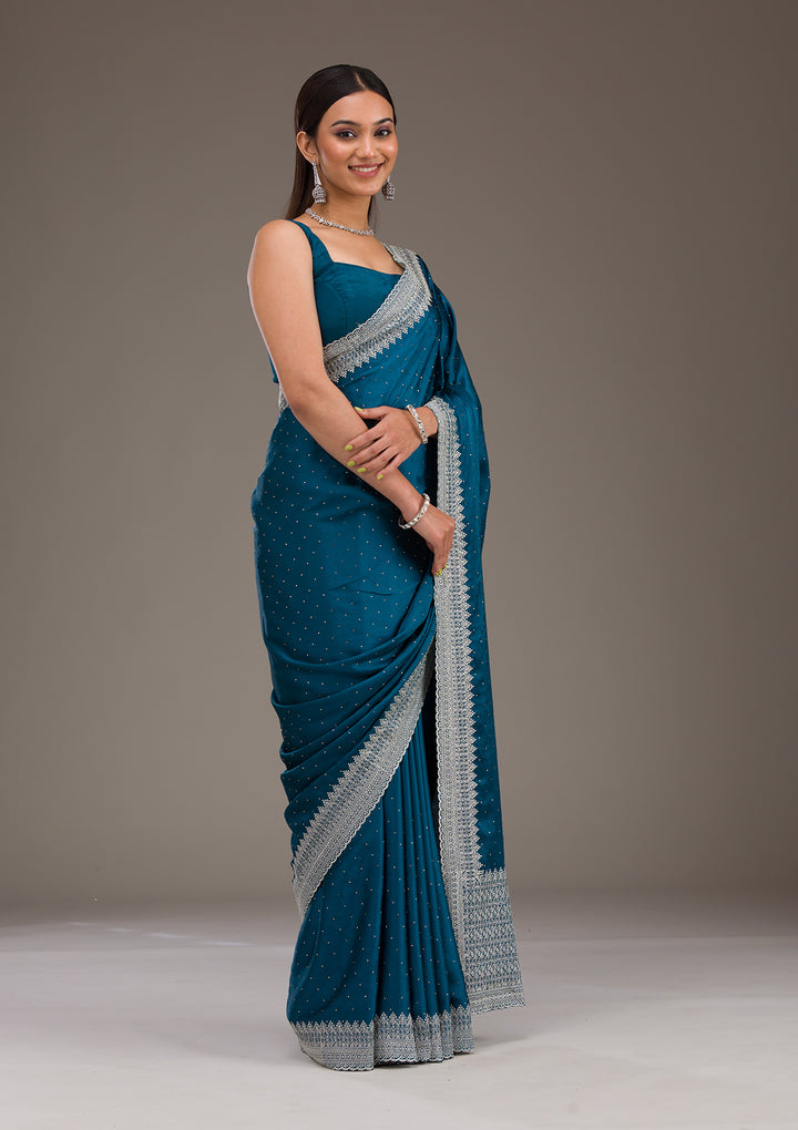 Peacock Blue Stonework Satin Saree