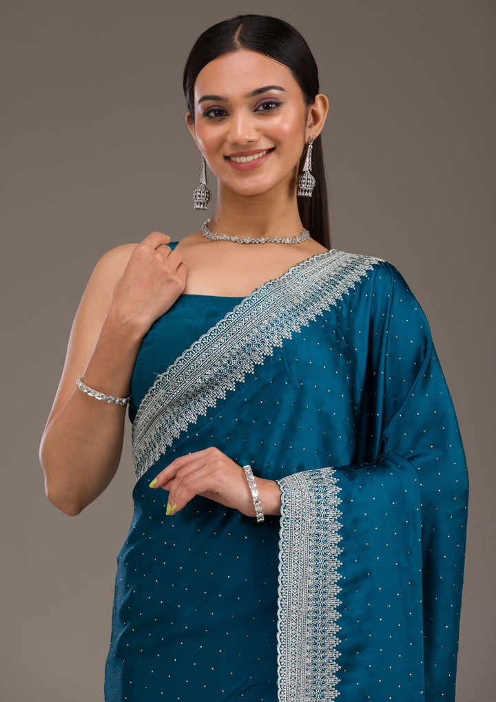 Peacock Blue Stonework Satin Saree