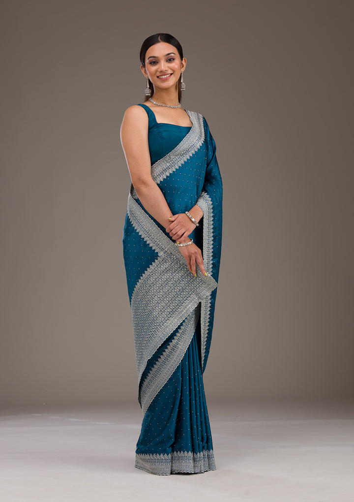 Peacock Blue Stonework Satin Saree
