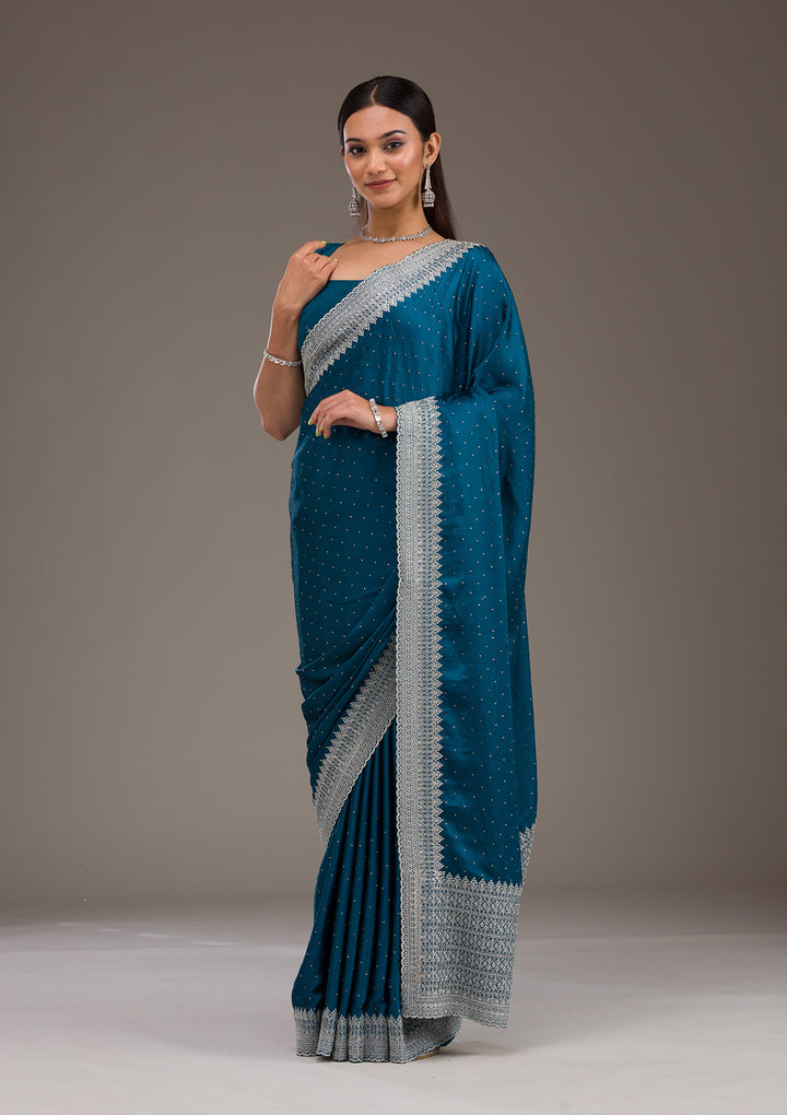Peacock Blue Stonework Satin Saree