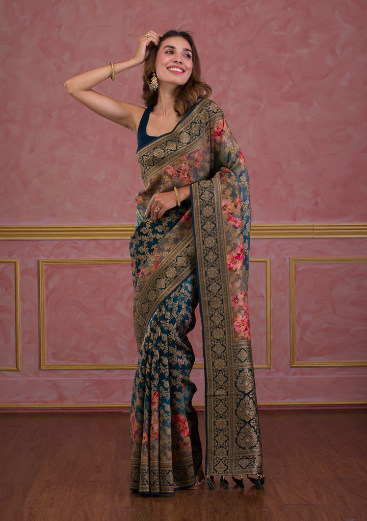 Peacock Blue Swarovski Banarasi Silk Saree