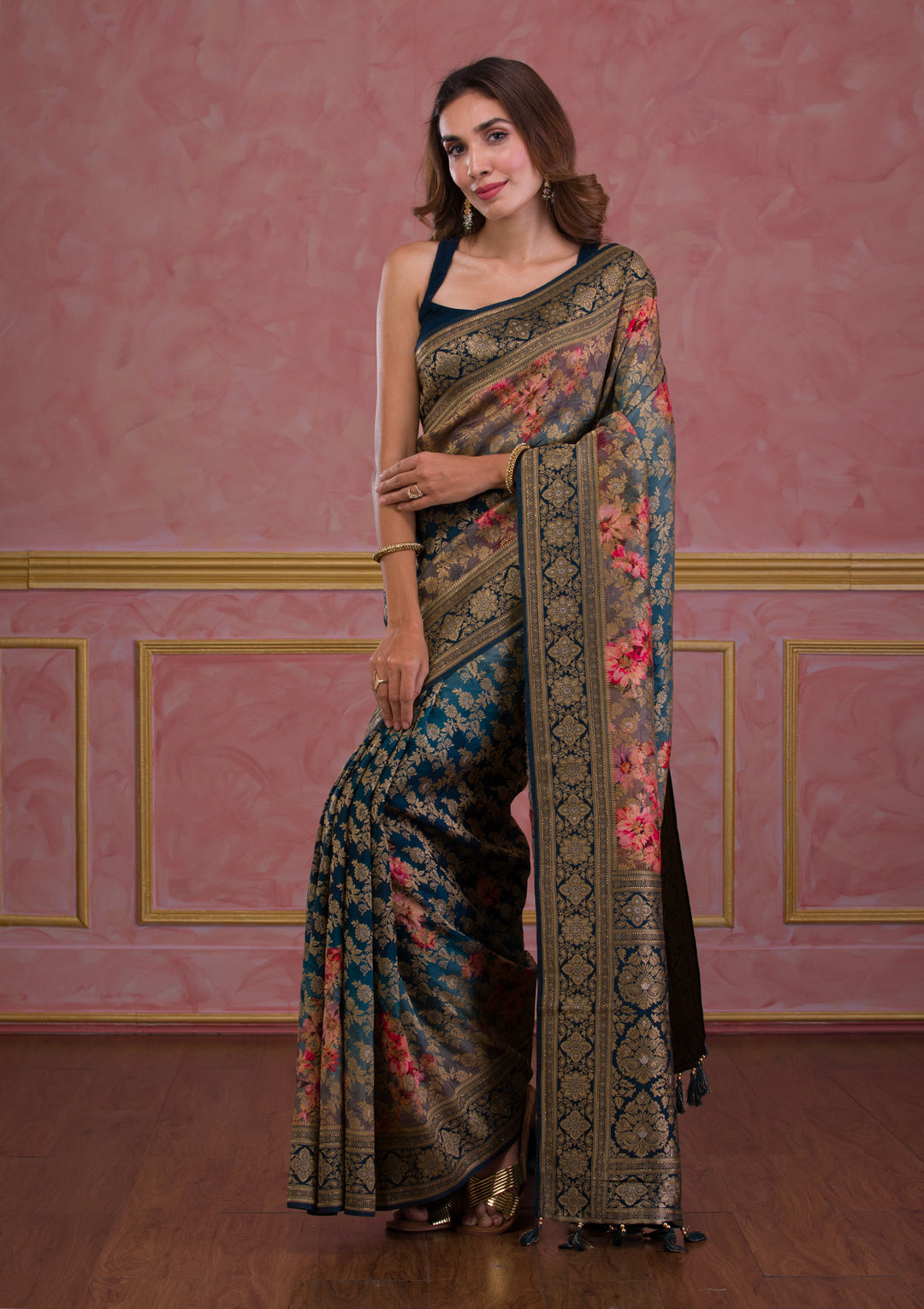 Peacock Blue Swarovski Banarasi Silk Saree