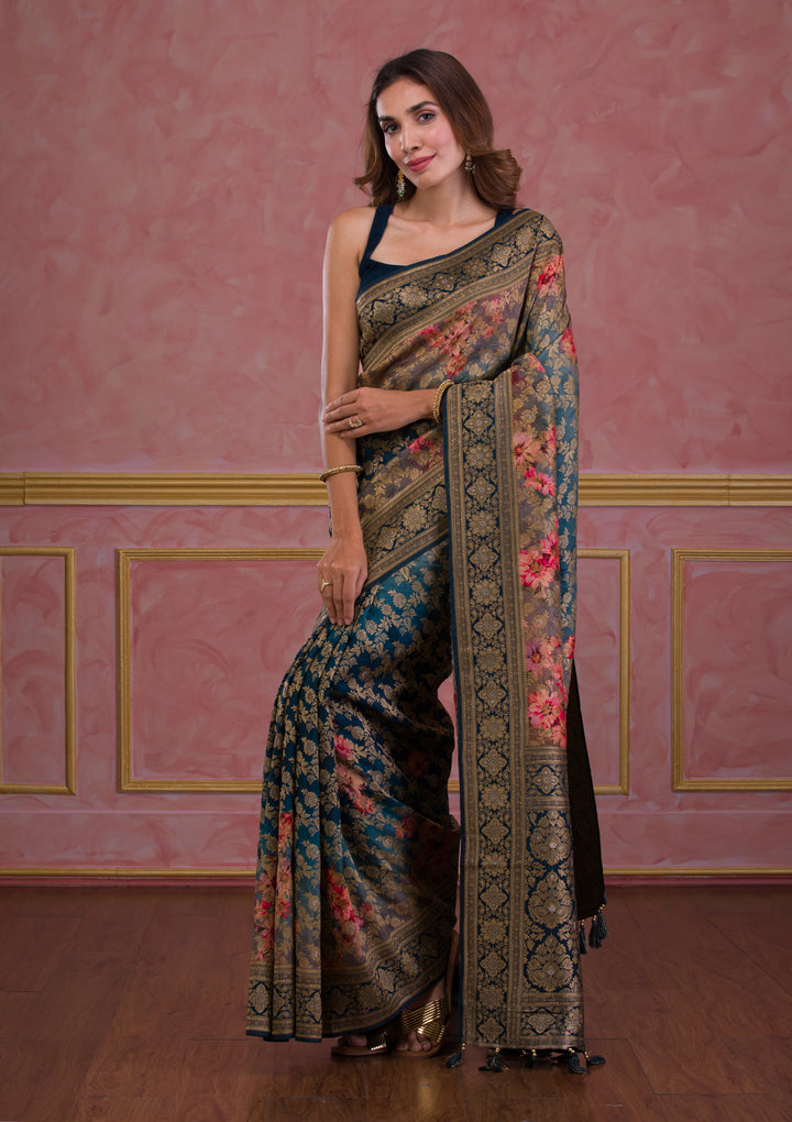 Peacock Blue Swarovski Banarasi Silk Saree