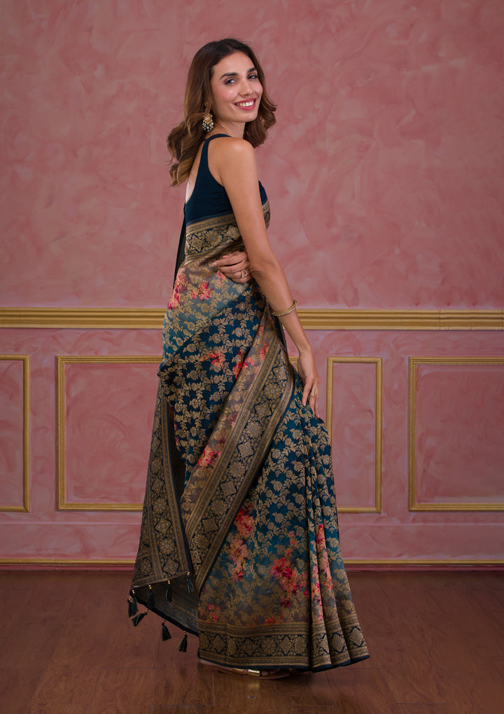 Peacock Blue Swarovski Banarasi Silk Saree