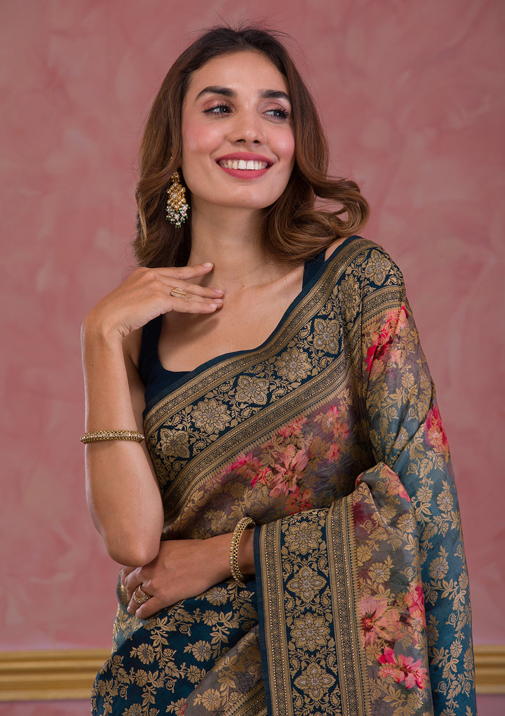 Peacock Blue Swarovski Banarasi Silk Saree