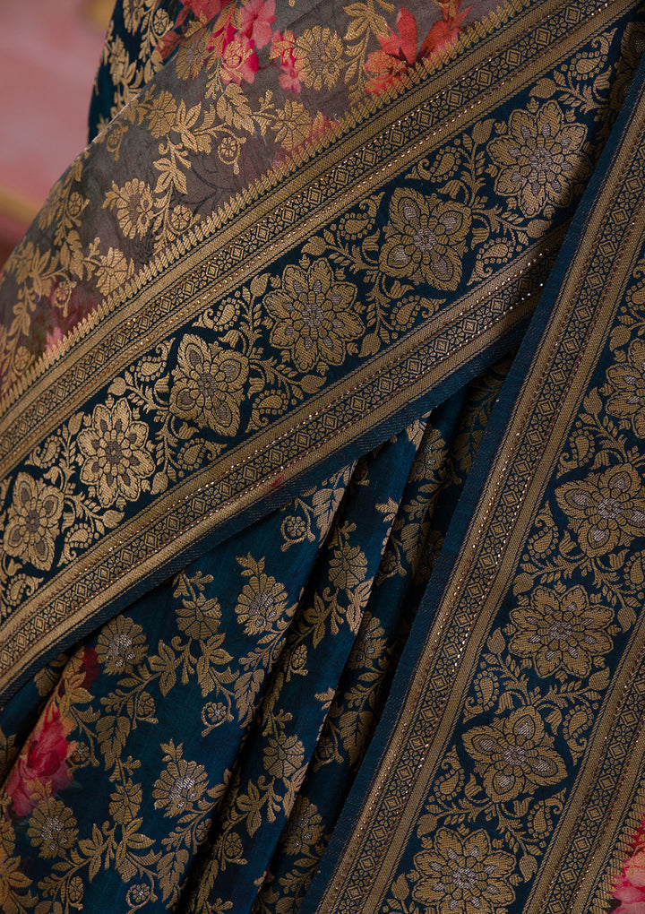 Peacock Blue Swarovski Banarasi Silk Saree