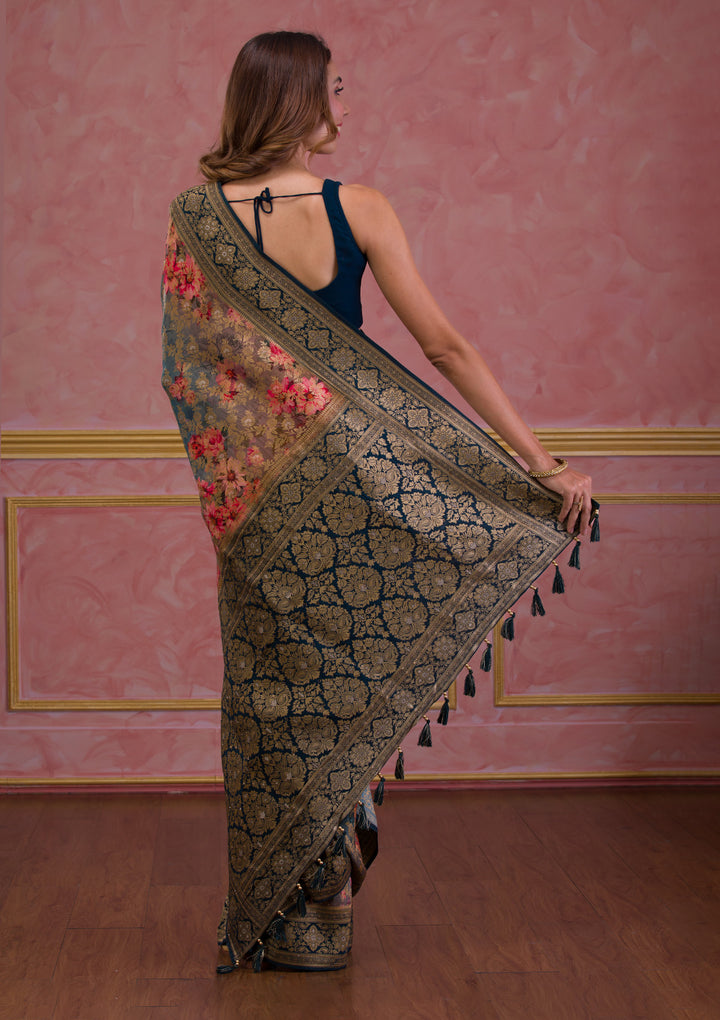 Peacock Blue Swarovski Banarasi Silk Saree