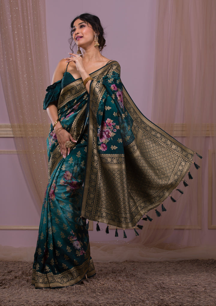 Peacock Blue Swarovski Banarasi Silk Saree-Koskii