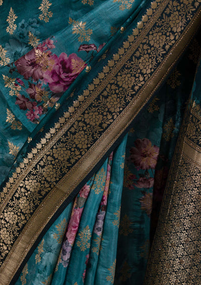 Peacock Blue Swarovski Banarasi Silk Saree
