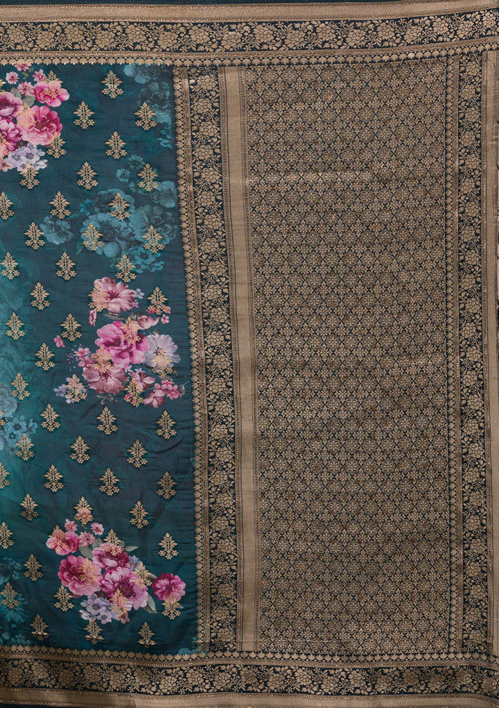 Peacock Blue Swarovski Banarasi Silk Saree