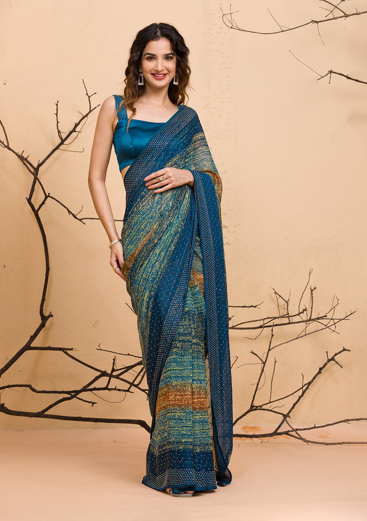 Peacock Blue Swarovski Chiffon Designer Saree