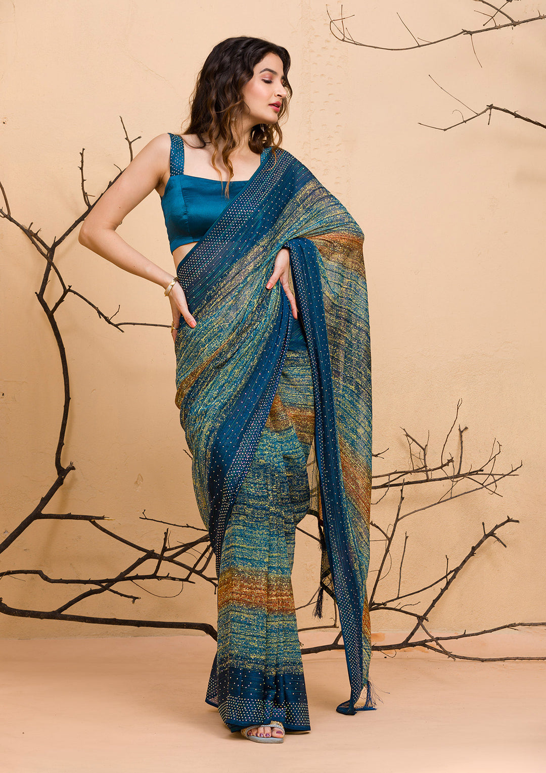Peacock Blue Swarovski Chiffon Designer Saree-Koskii
