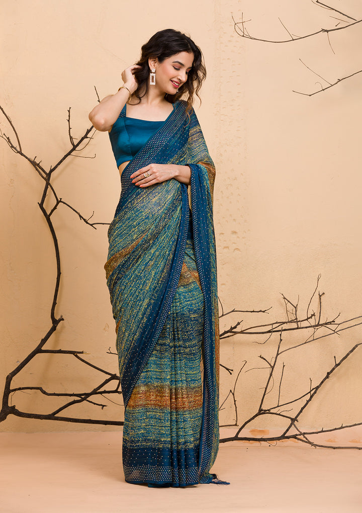 Peacock Blue Swarovski Chiffon Designer Saree