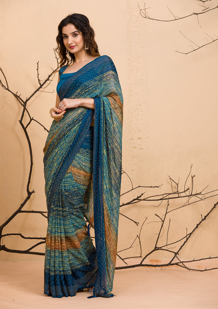 Peacock Blue Swarovski Chiffon Designer Saree