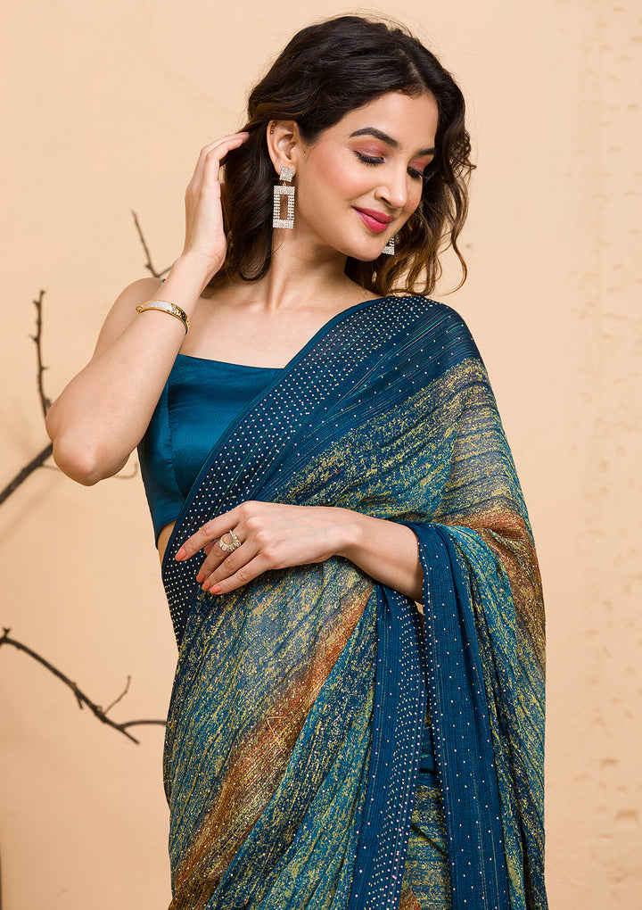 Peacock Blue Swarovski Chiffon Designer Saree