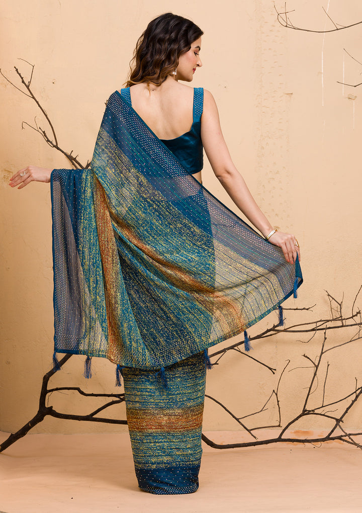 Peacock Blue Swarovski Chiffon Designer Saree