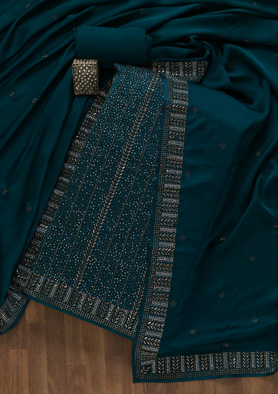 Peacock Blue Swarovski Semi Crepe Unstitched Salwar Suit-Koskii