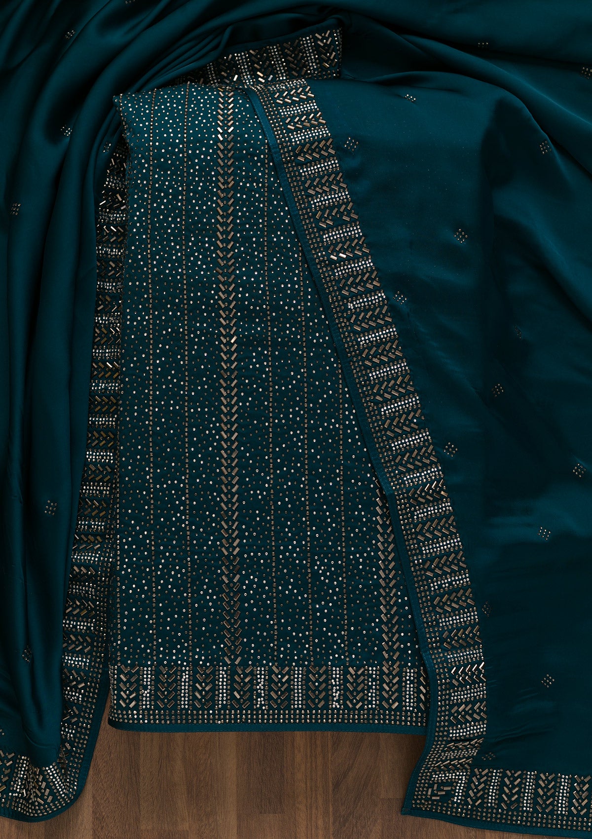 Peacock Blue Swarovski Semi Crepe Unstitched Salwar Suit
