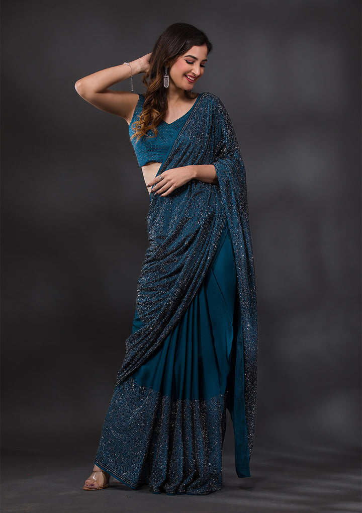 Peacock Blue Swarovski Semi Crepe Designer Saree-Koskii