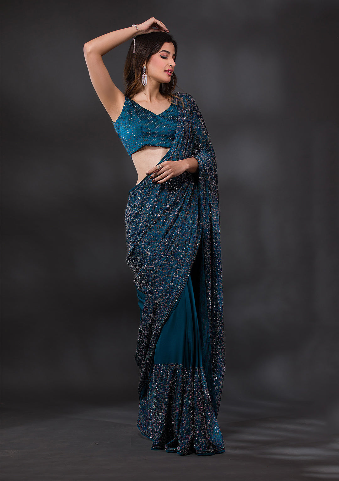 Peacock Blue Stonework Crepe Designer Saree