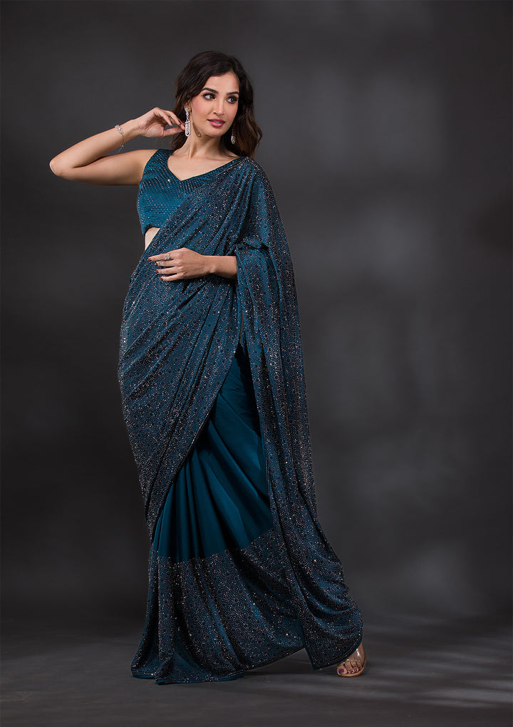 Peacock Blue Stonework Crepe Designer Saree