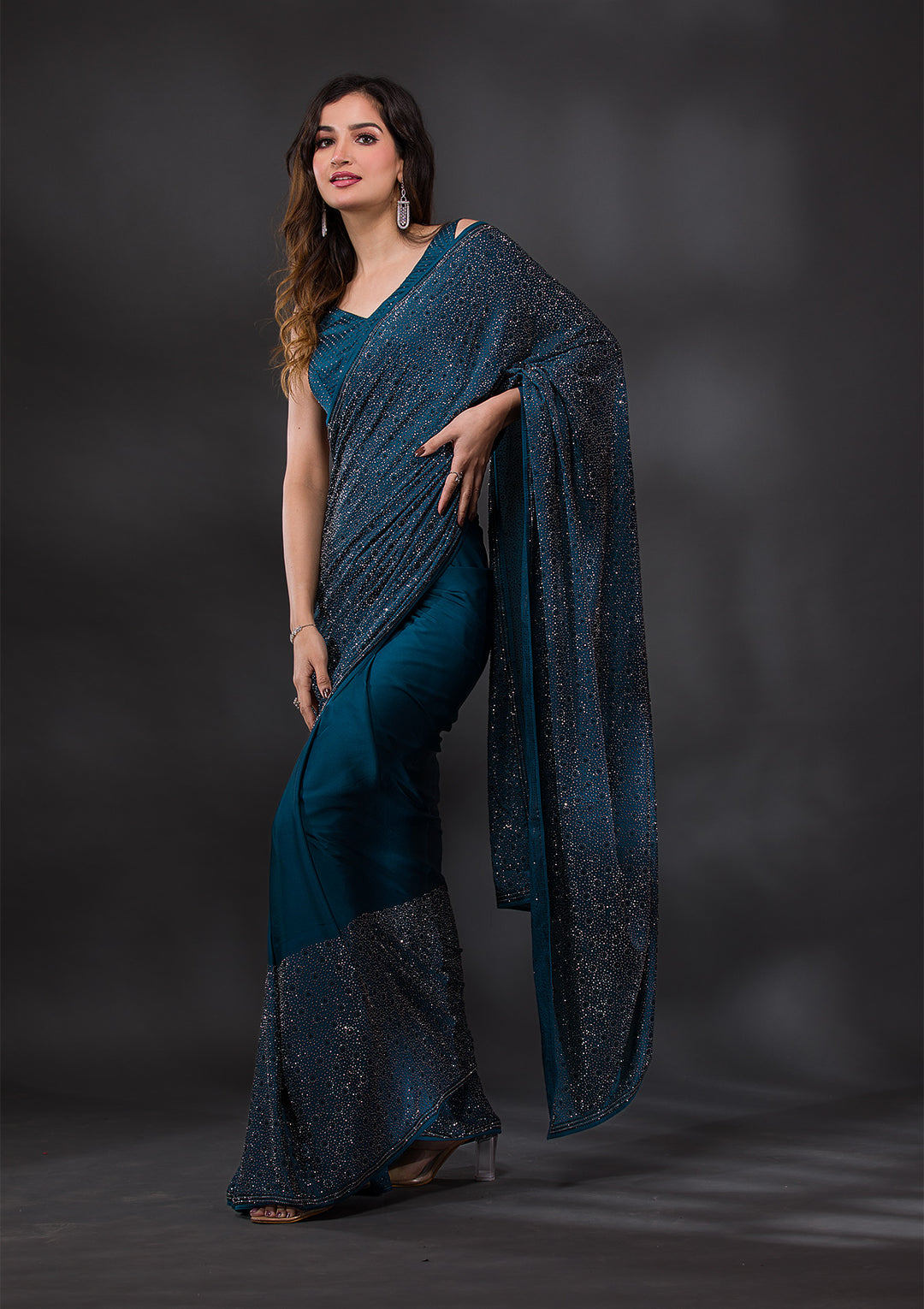 Peacock Blue Stonework Crepe Designer Saree