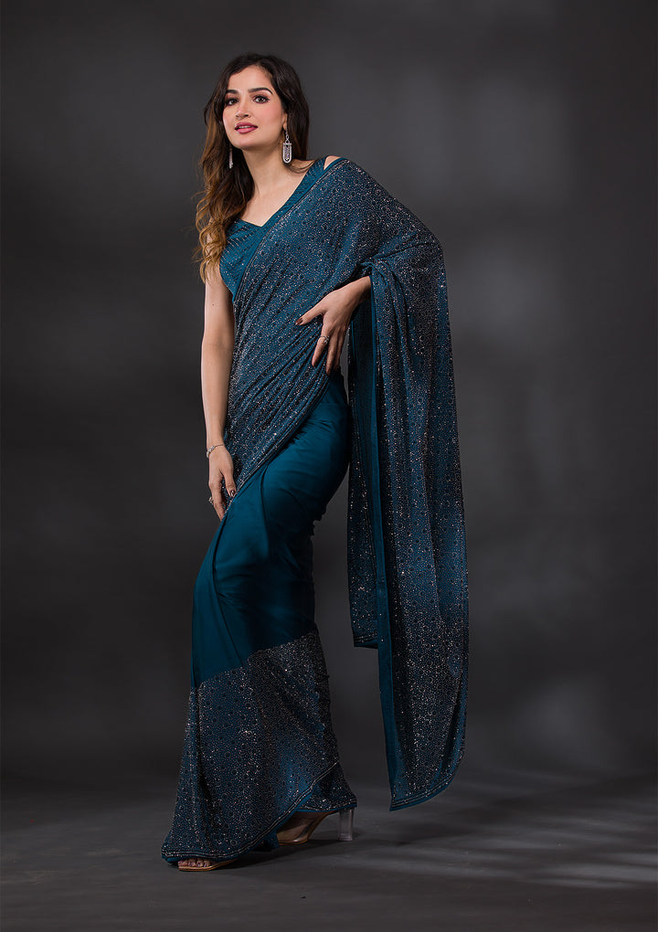 Peacock Blue Stonework Crepe Designer Saree