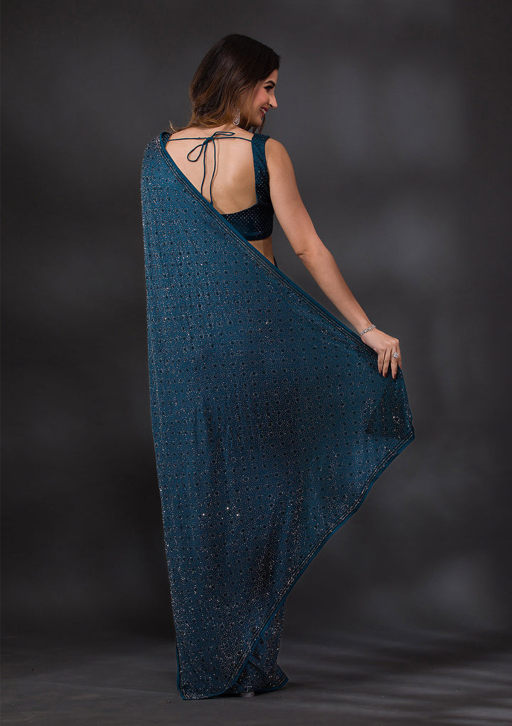 Peacock Blue Stonework Crepe Designer Saree