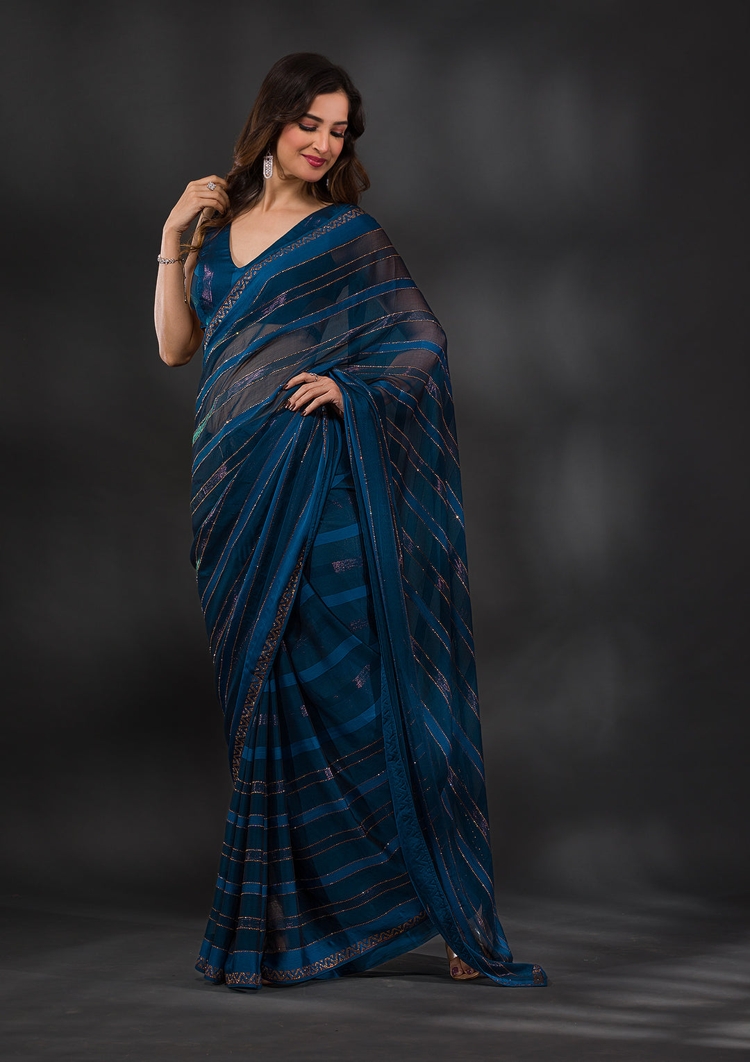 Peacock Blue Swarovski Tissue Designer Saree