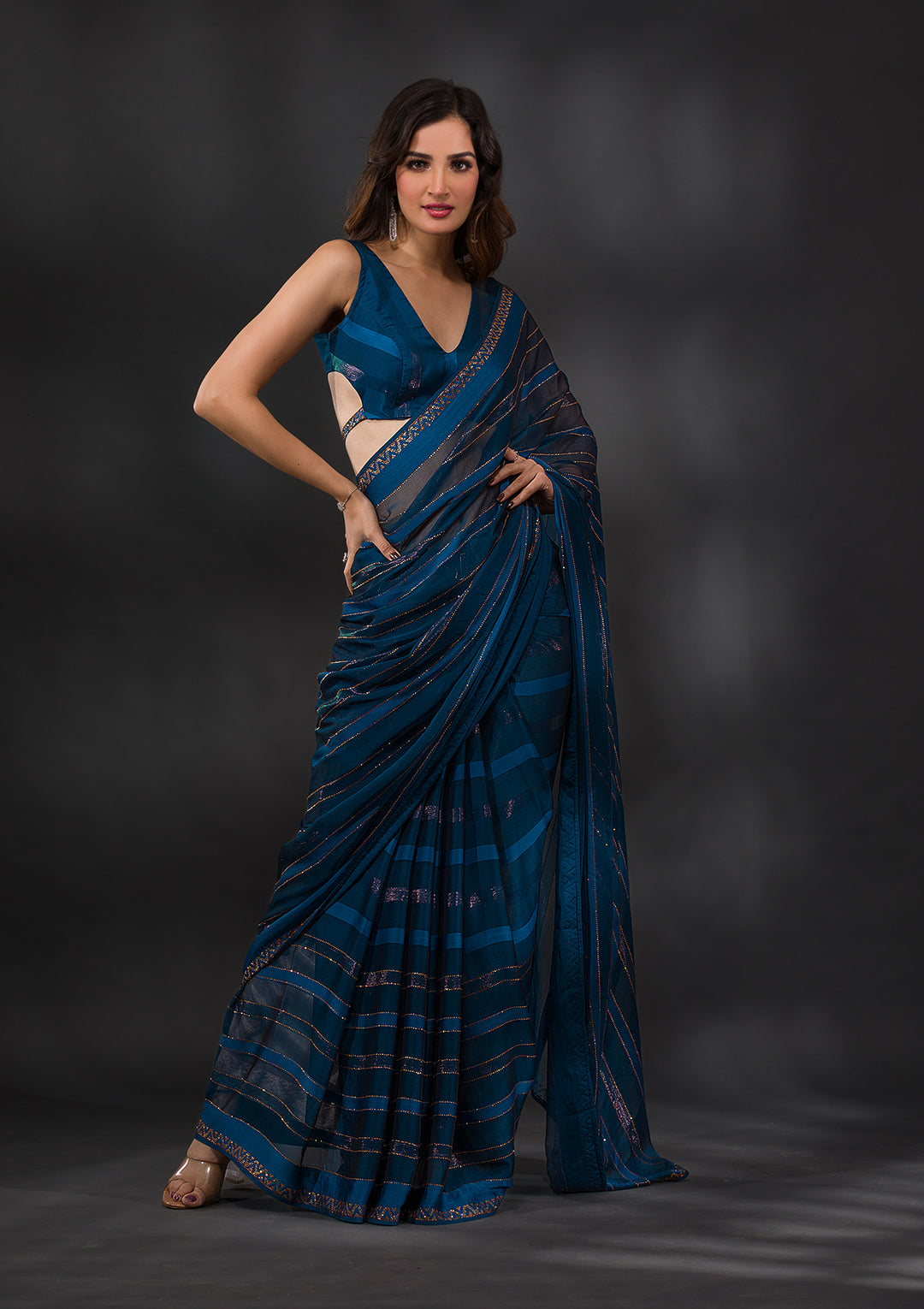 Peacock Blue Swarovski Tissue Designer Saree