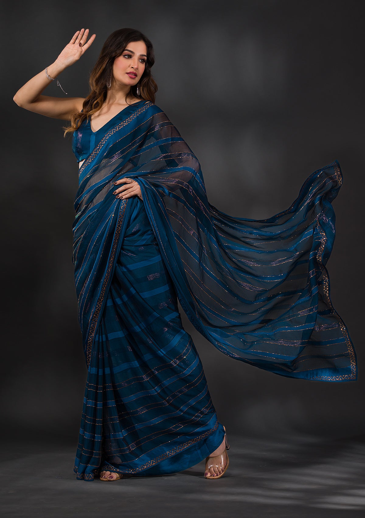 Peacock Blue Swarovski Tissue Designer Saree-Koskii