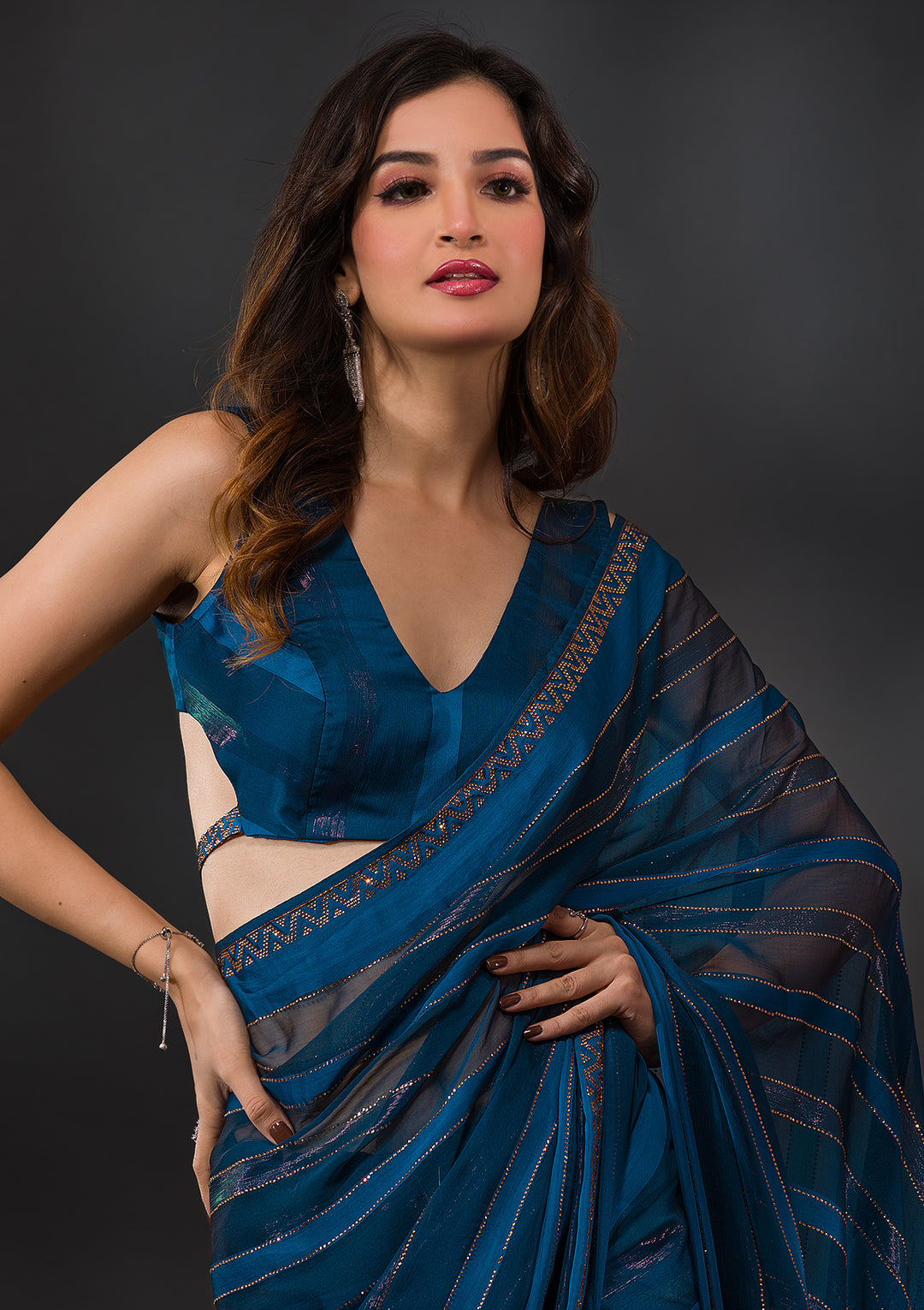 Peacock Blue Swarovski Tissue Designer Saree