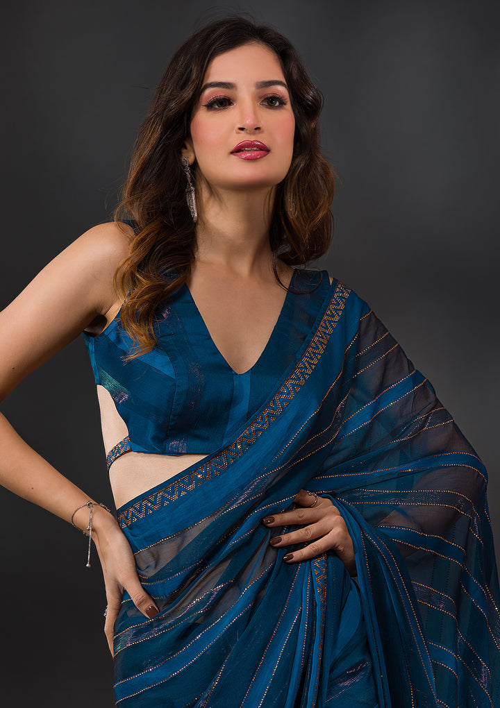 Peacock Blue Swarovski Tissue Designer Saree