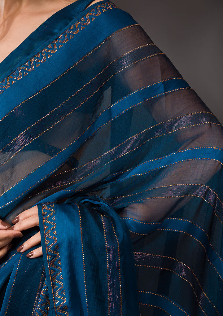Peacock Blue Swarovski Tissue Designer Saree