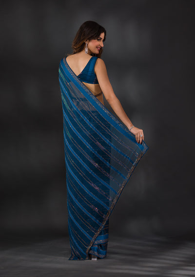 Peacock Blue Swarovski Tissue Designer Saree