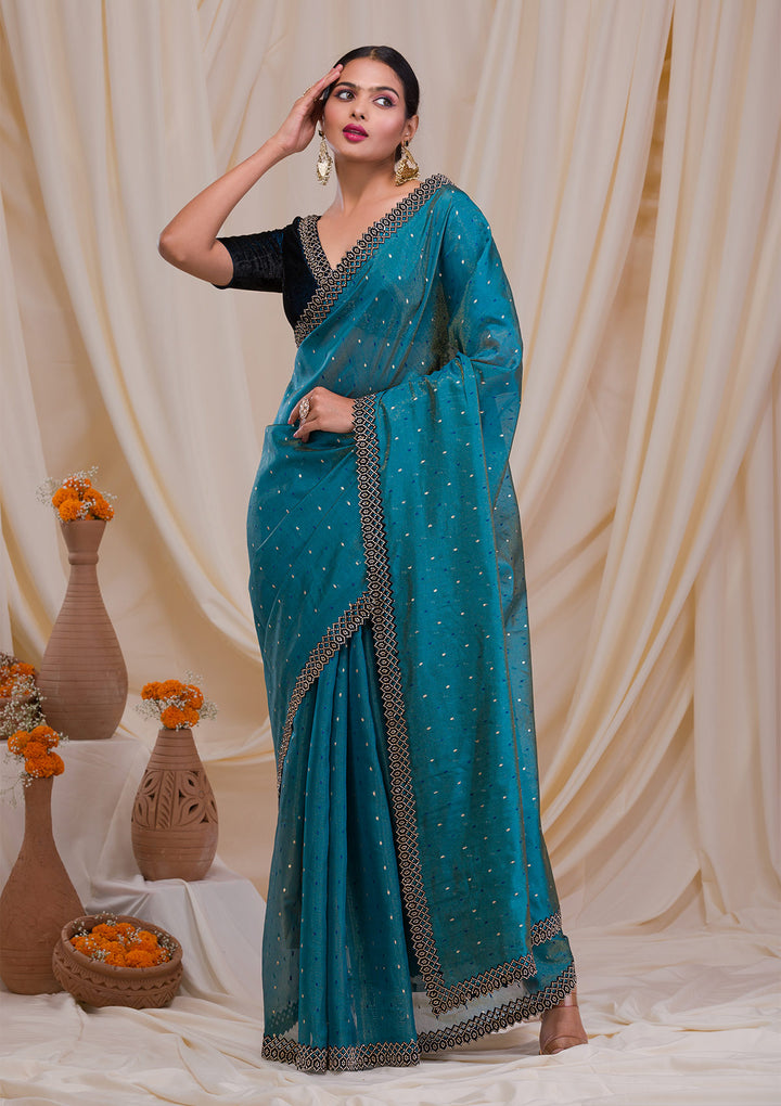 Peacock Blue Swarovski Organza Saree