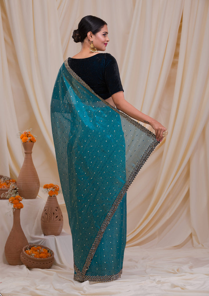 Peacock Blue Swarovski Organza Saree