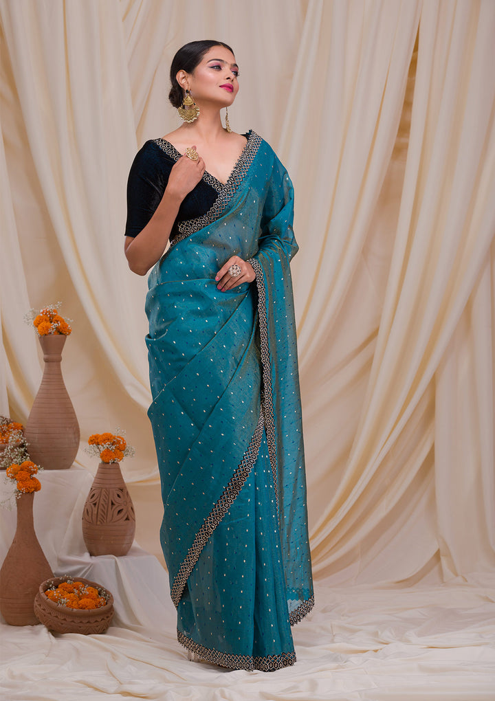 Peacock Blue Swarovski Organza Saree