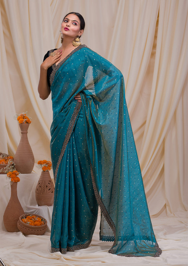 Peacock Blue Swarovski Tissue Saree-Koskii