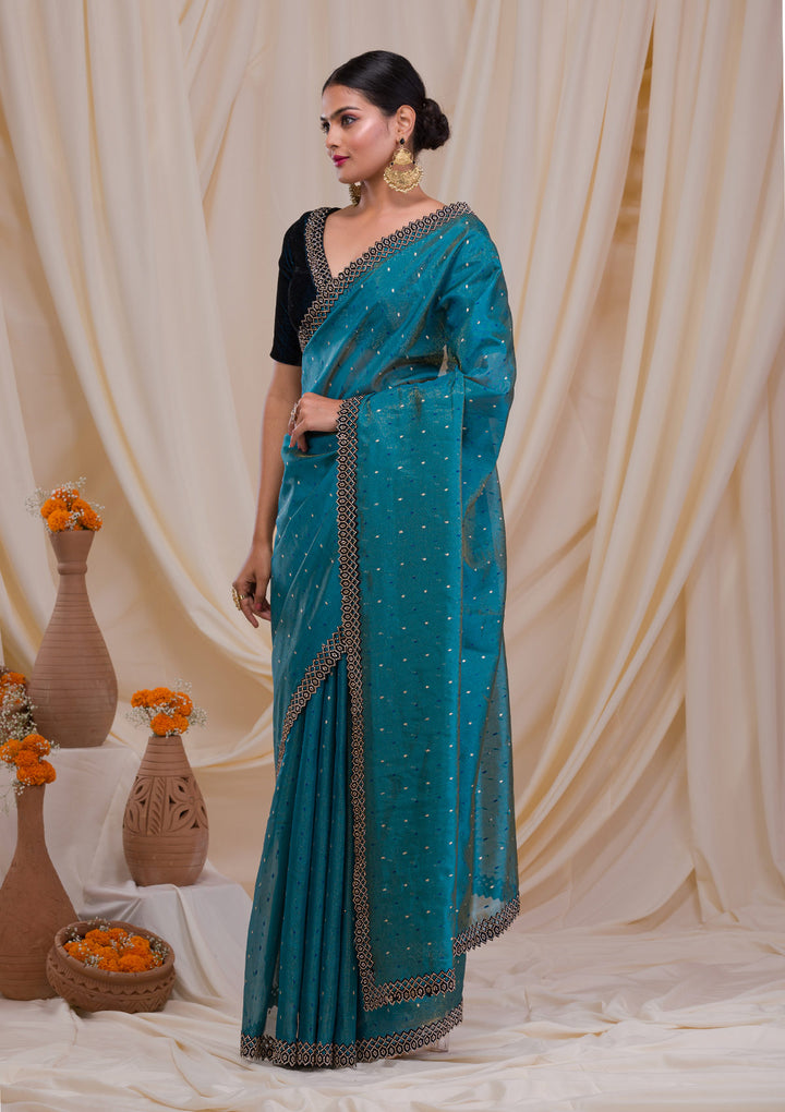 Peacock Blue Swarovski Organza Saree