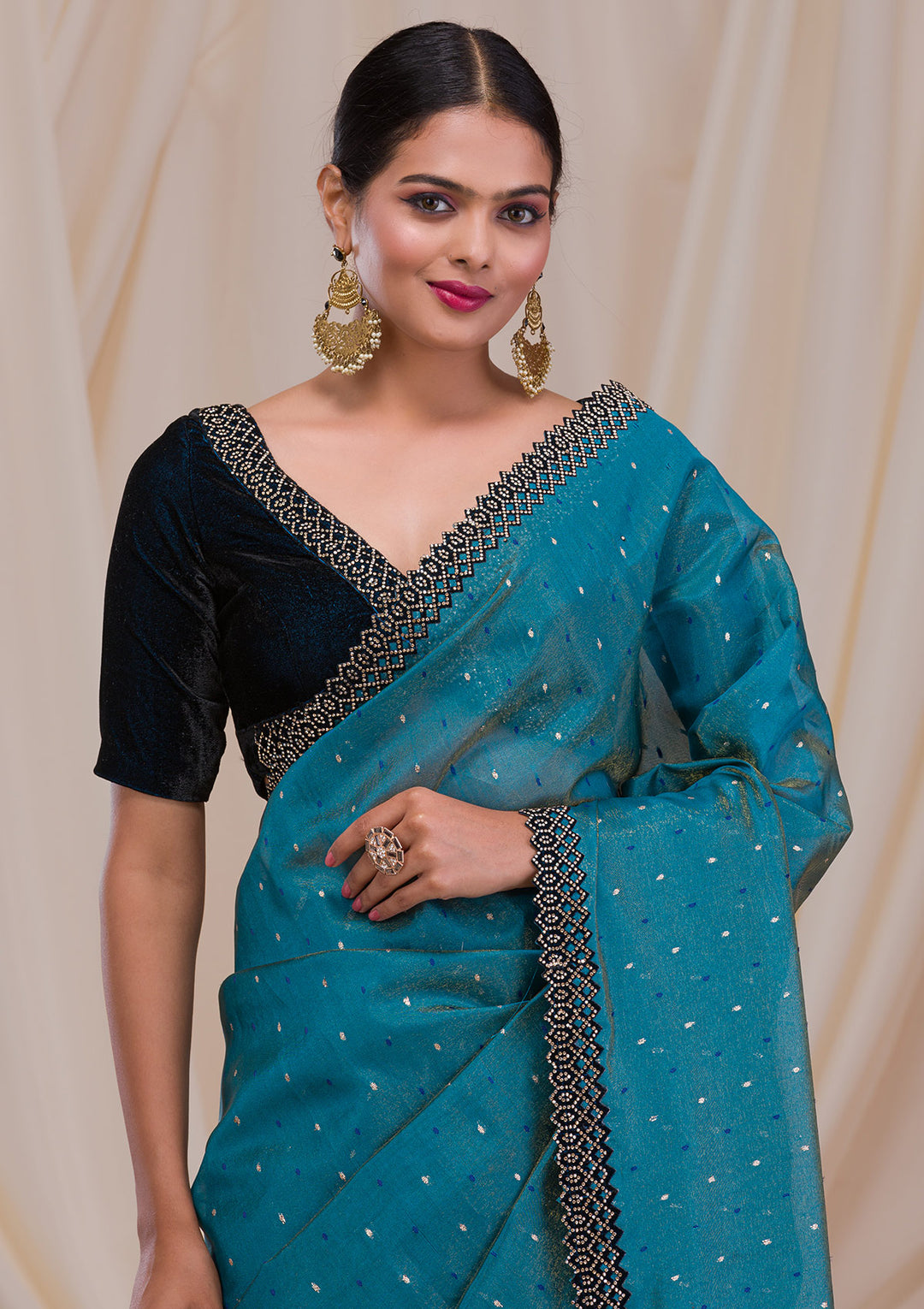Peacock Blue Swarovski Organza Saree