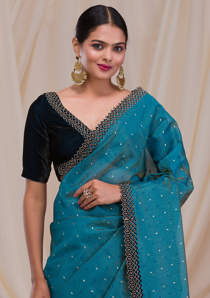 Peacock Blue Swarovski Organza Saree