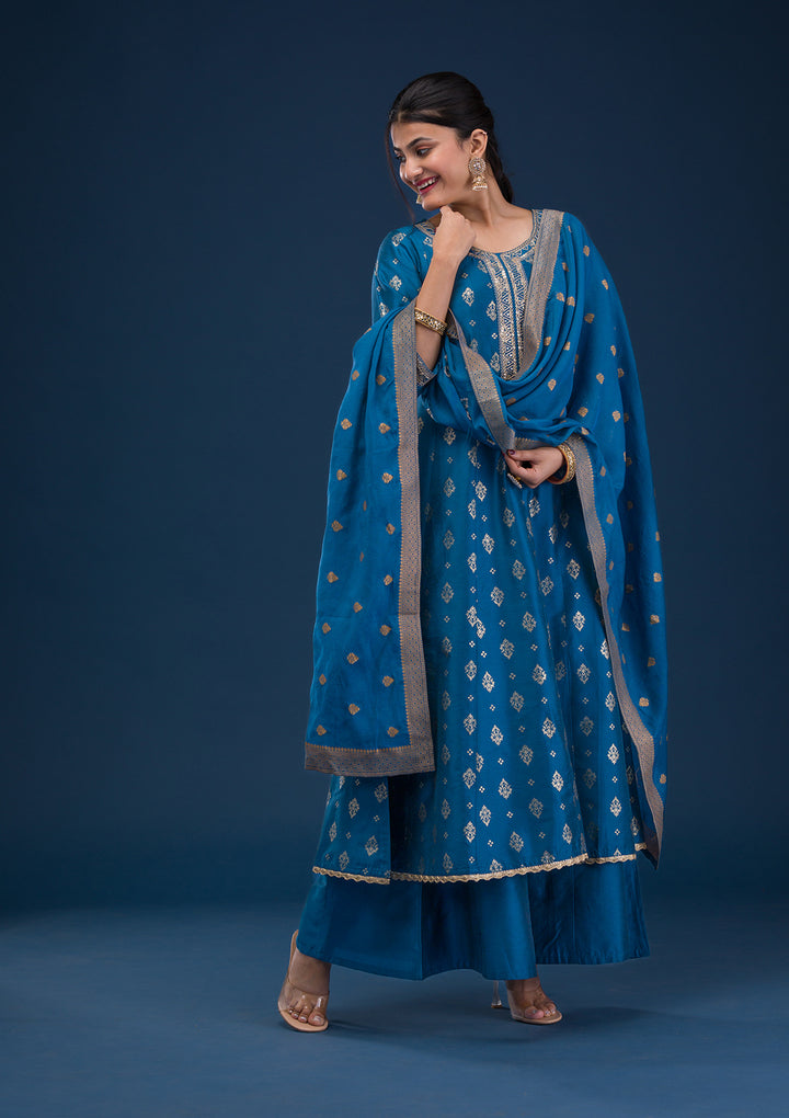 Peacock Blue Threadwork Art Silk Readymade Salwar Suit