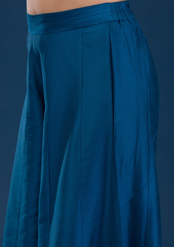 Peacock Blue Threadwork Art Silk Readymade Salwar Suit