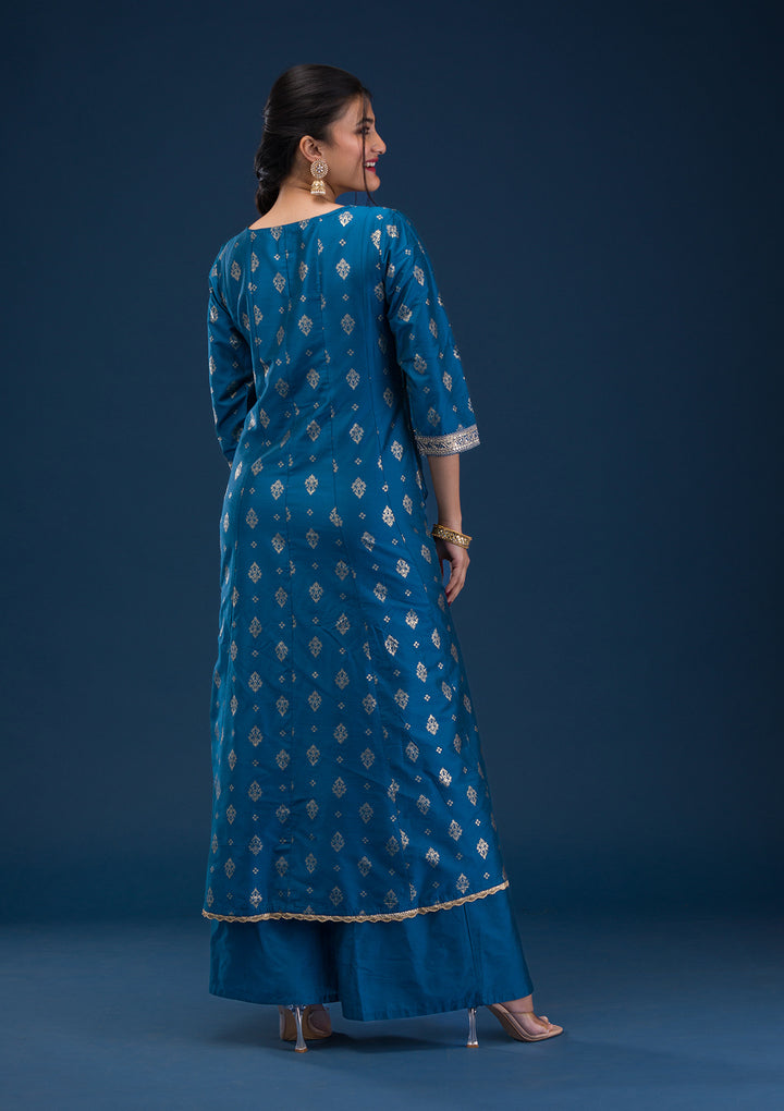 Peacock Blue Threadwork Art Silk Readymade Salwar Suit