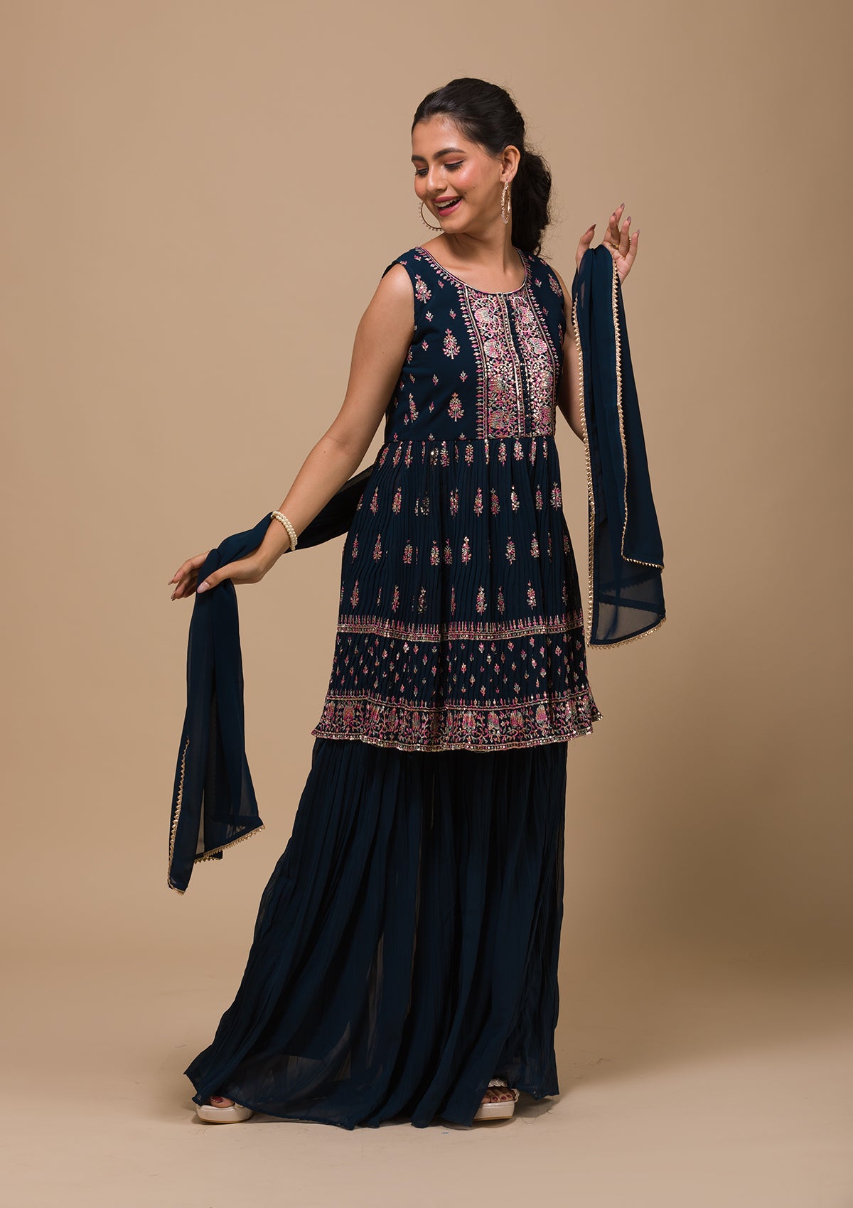 Peacock Blue Threadwork Georgette Readymade Salwar Suit-Koskii