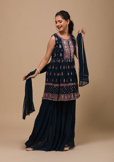 Peacock Blue Threadwork Georgette Readymade Salwar Suit-Koskii