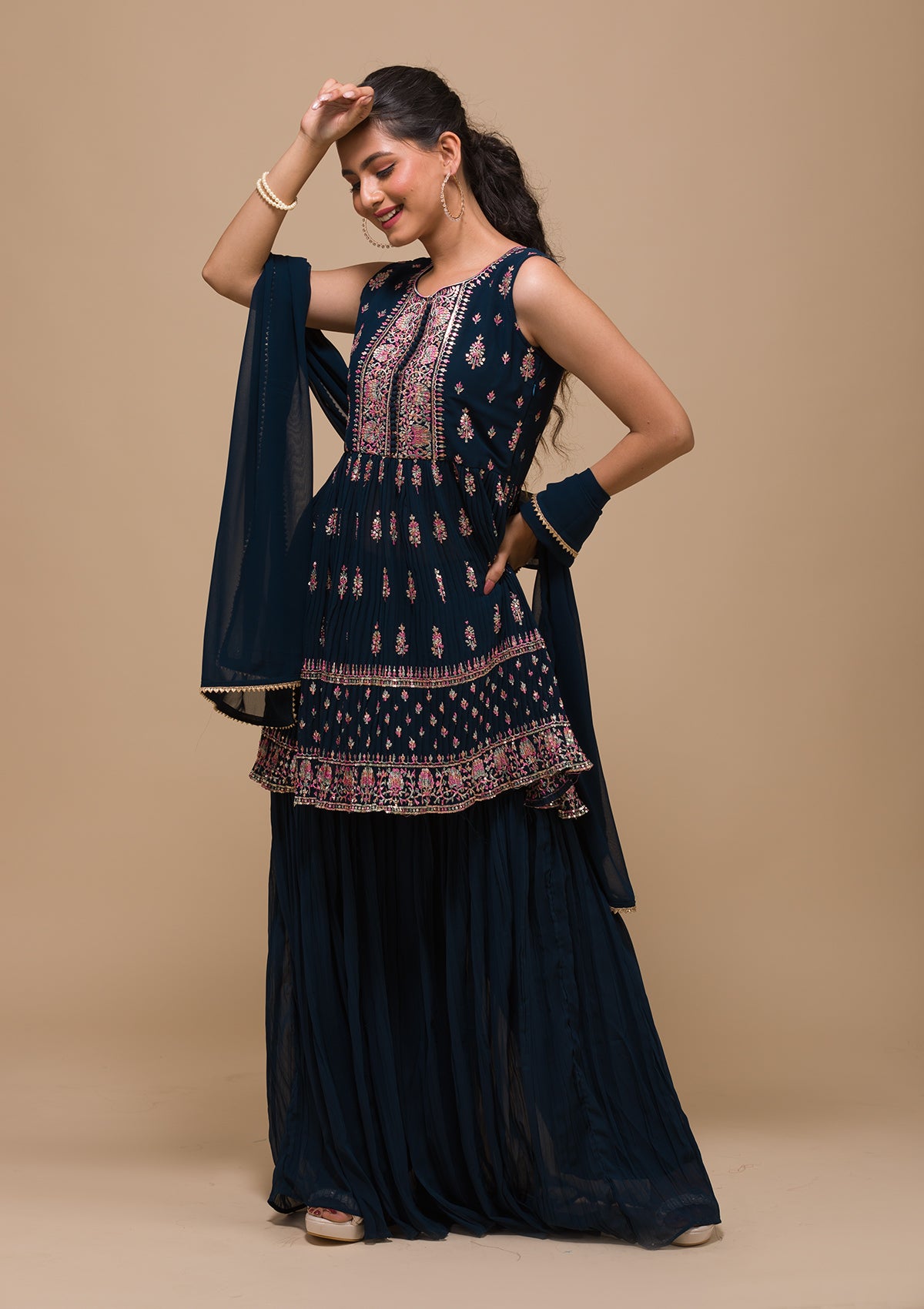 Peacock Blue Threadwork Georgette Readymade Salwar Suit-Koskii