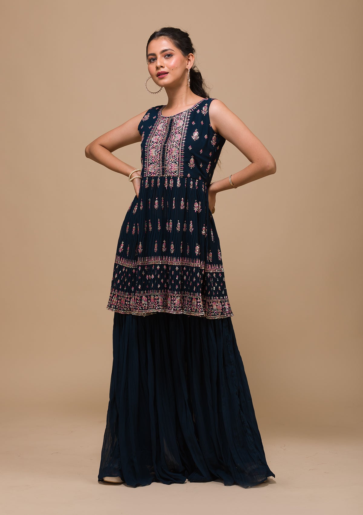 Peacock Blue Threadwork Georgette Readymade Salwar Suit-Koskii